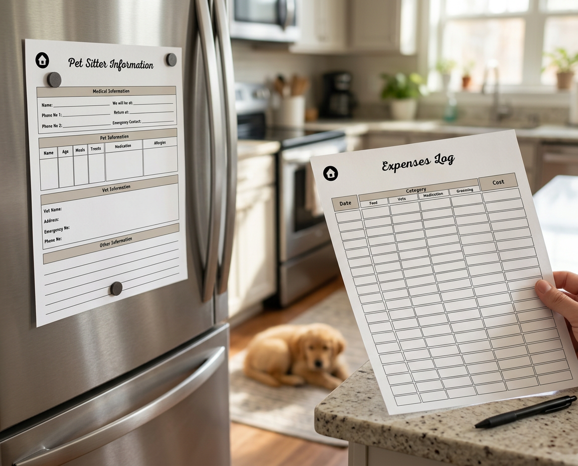 A pet sitter information sheet held on a fridge door with magnets, beside an expenses log page on the kitchen counter with a pen.