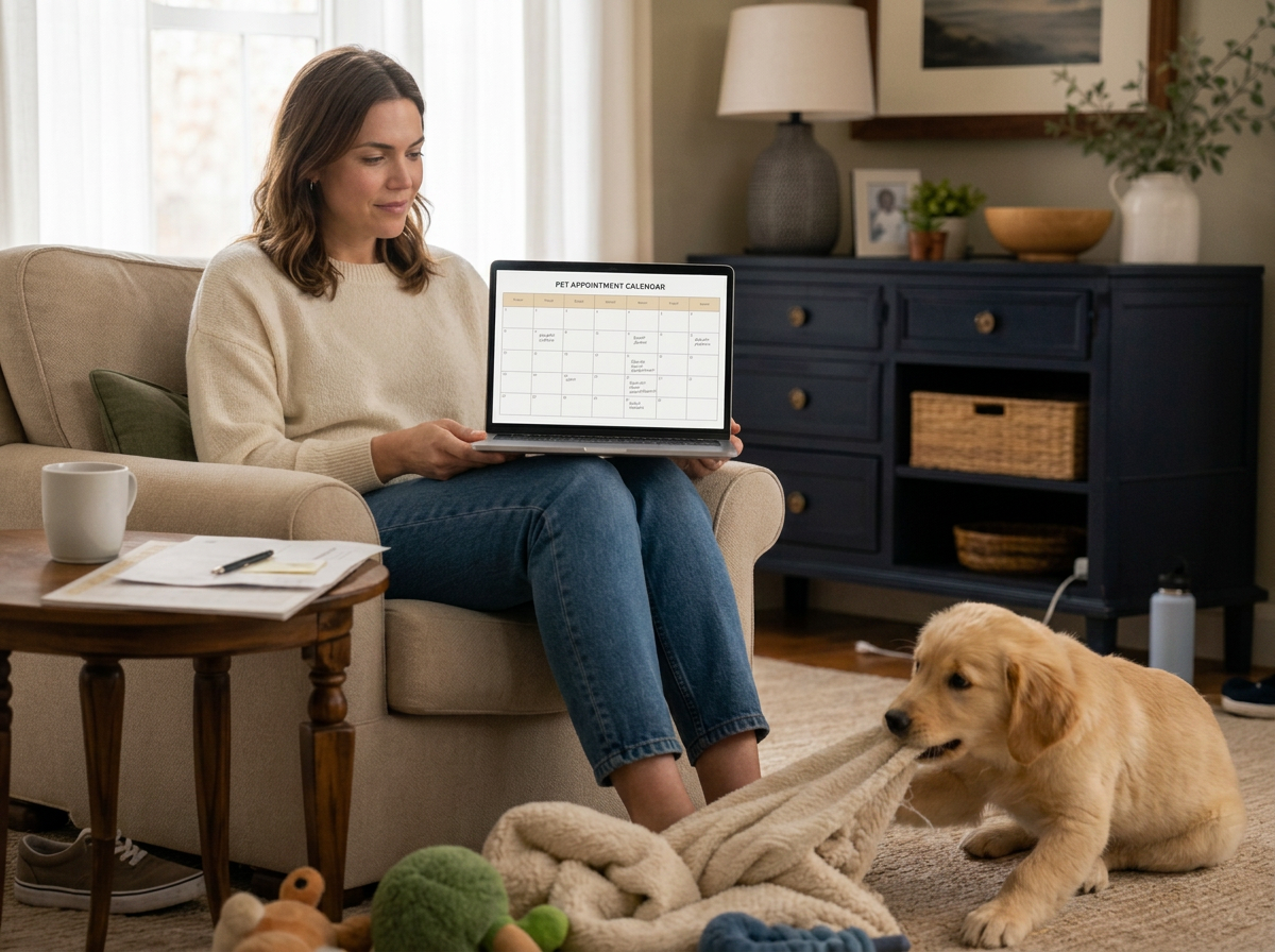 A woman sits in a living room armchair filling in the appointment calendar page on her laptop while her puppy plays with a blanket on the rug nearby.