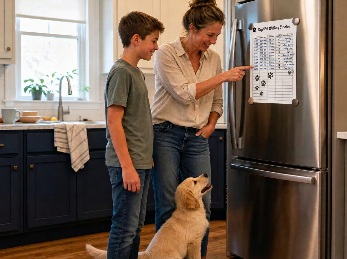 A mother and her son looking at a filled-in dog walking tracker page held on a refrigerator door while a happy golden retriever puppy looks up at them.