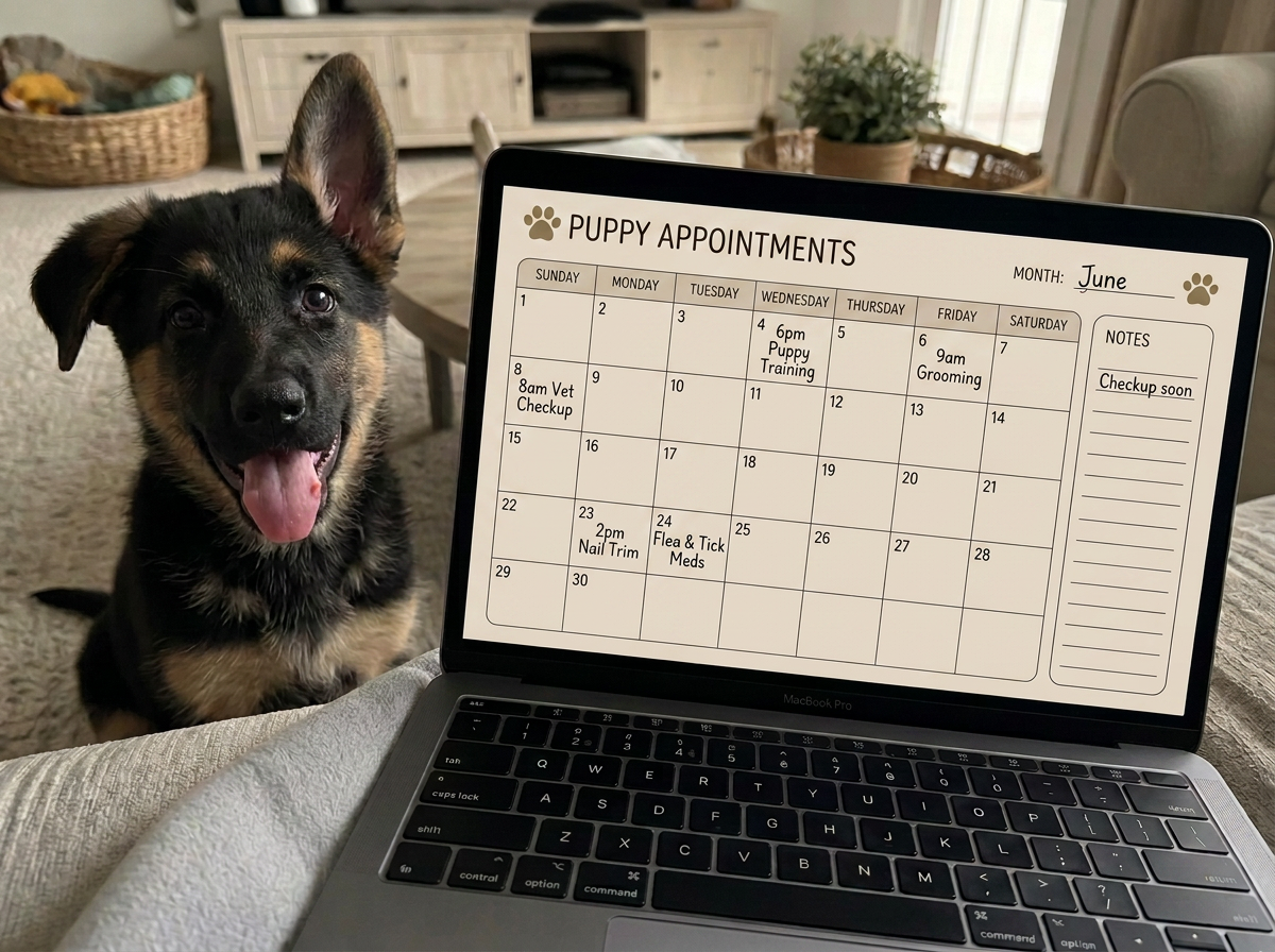 An iPhone-style customer photo of a MacBook screen showing a filled-in puppy appointment calendar, with a happy golden retriever puppy looking up at the camera.
