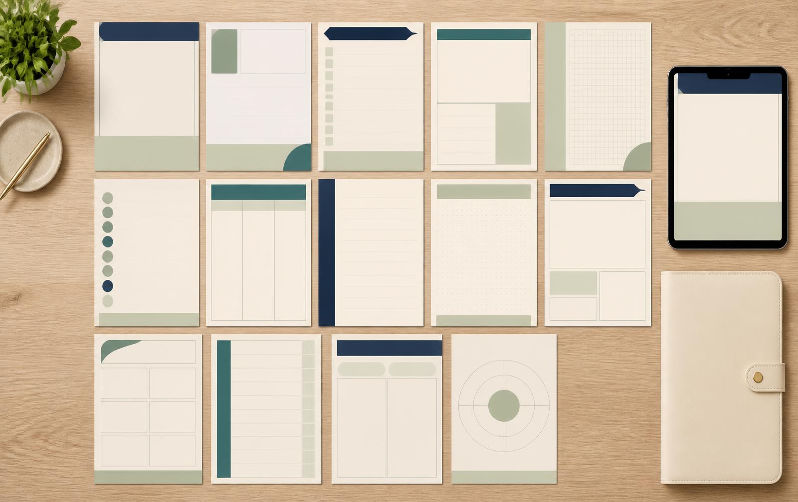 Flat lay of about fourteen coordinated planner pages arranged in a grid, with a tablet and a slim folder.