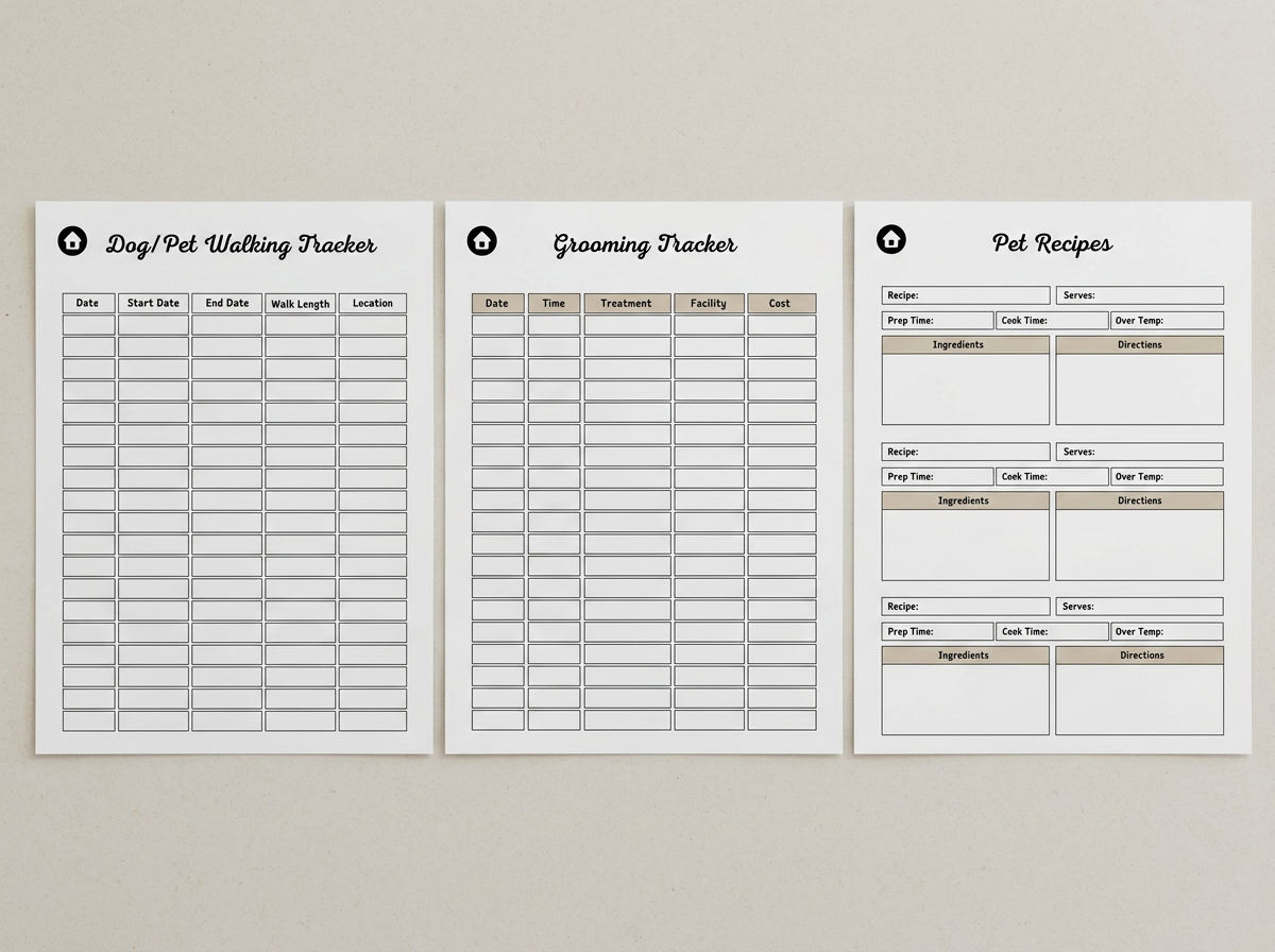 Walking Tracker, Grooming Tracker and Pet Recipes pages laid flat side by side.