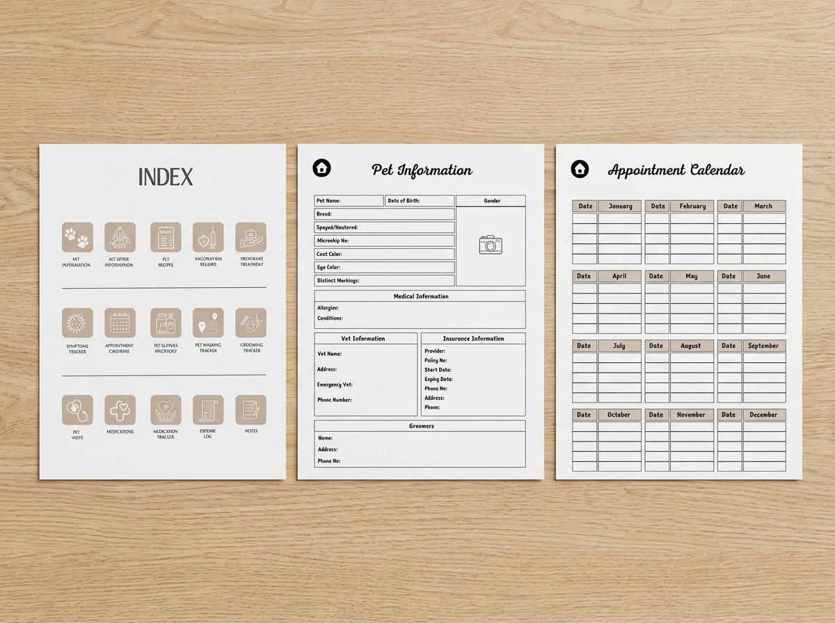 Index, Pet Information and Appointment Calendar pages laid flat side by side on a wooden table.