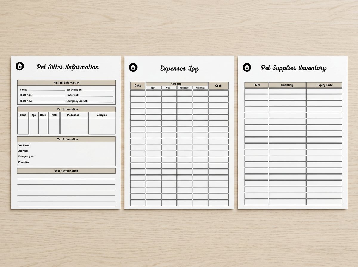 Pet Sitter Information, Expenses Log and Pet Supplies Inventory pages laid flat side by side.