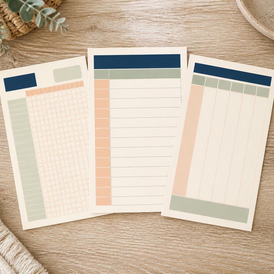 Three distinct printed tracker sheets fanned out on a wooden surface.