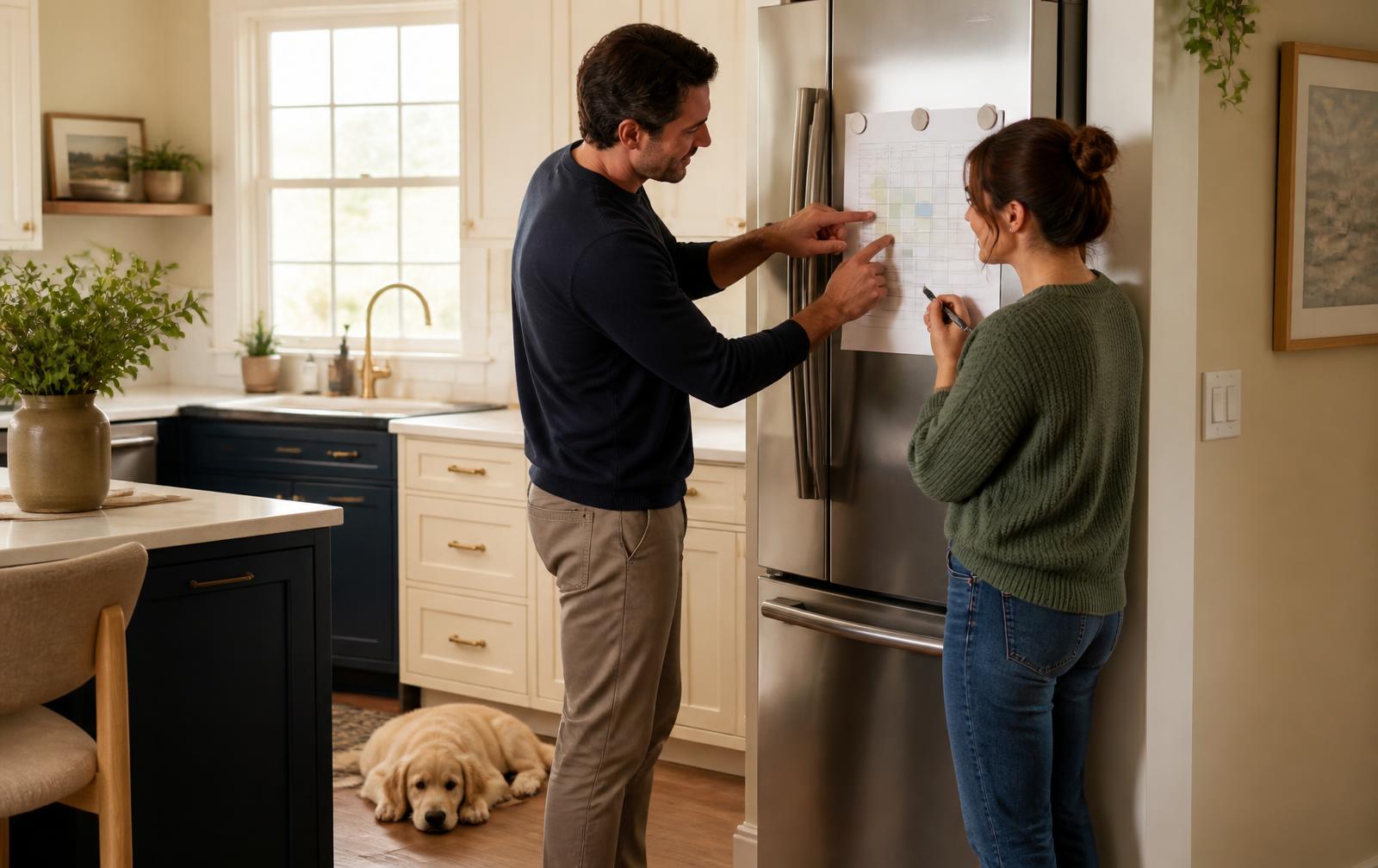 Two adults reading and updating a single printed routine sheet held on a refrigerator door, with a puppy resting nearby.