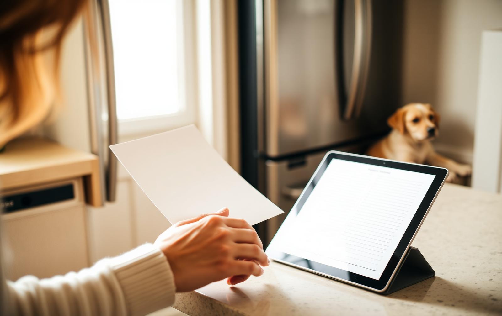 An adult placing a single blank printed planner page beside a refrigerator, with a tablet on the counter and a puppy resting in the background.